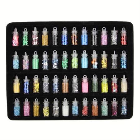 Nail Decoration / Negle Dekoration Kit til manicure med perler, palietter, glitter & diamanter - 48 flasker