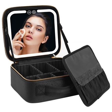 UNIQ Makeup Rejsetaske med LED Lys Spejl - Toilettaske / Kosmetiktaske til alt dit makeup - Sort 