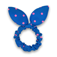 Scrunchie med sløjfe - Blå med pink prikker (U)