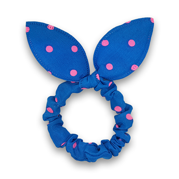 Scrunchie med sløjfe - Lyseblå med pink prikker (U)