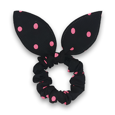 Scrunchie med sløjfe - Sort med pink prikker (U)