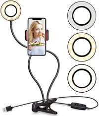 Selfie Ring Light med LED lys med lysstyrkeregulering + fleksible arme | Perfekt til streaming / vlog / youtube / makeup
