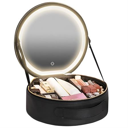 UNIQ Sort LED Makeup‑Spejl med 3‑farvet lys & Praktisk Opbevaring – Travel Vanity Case