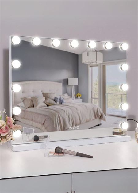UNIQ XL Luksus Hollywood Makeup spejl med lys - 15 LED pærer og touch funktion - Hvid